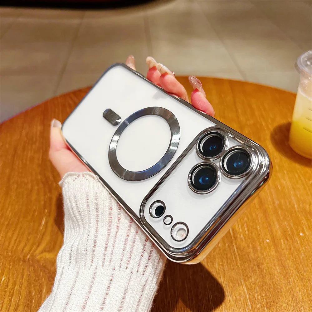 Luxury Plating Clear Case For iPhone 17 Air 16 15 14 13 12 11 17 Pro Max Shockproof Transparent Magnetic For Magsafe Lens Cover