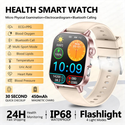 2026 New ECG Smart Watch Blood Pressure Blood Oxygen Uric Acid Monitoring IP68 Waterproof 450mAh Health Smart Watch Men Women