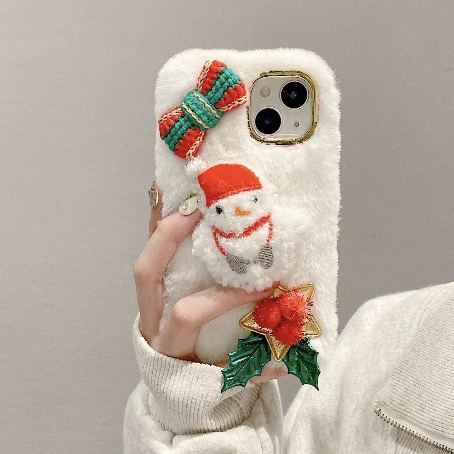 Plush Christmas Snowman Phone Cases Cute  IPhone 16 12 13 14 15Pro XR X Xs Max Mini 7 8 Case 3D Furry Bunny Fur Back Cover Funda