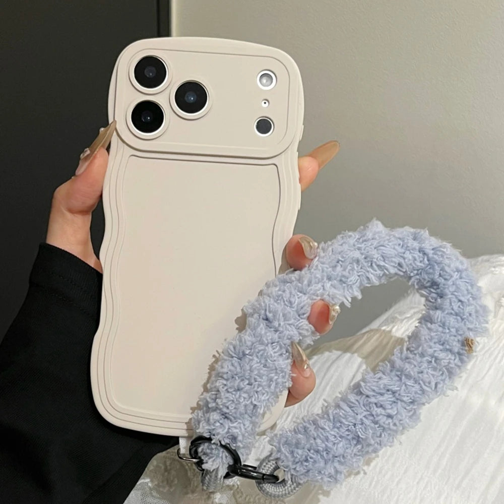 Liquid Silicone Plush Wrist Strap Case For iPhone 17 16E 15 14 13 12 11 Pro Max Plus 6 7 X XR XSMAX Anti-Slip Soft Bumper Cover
