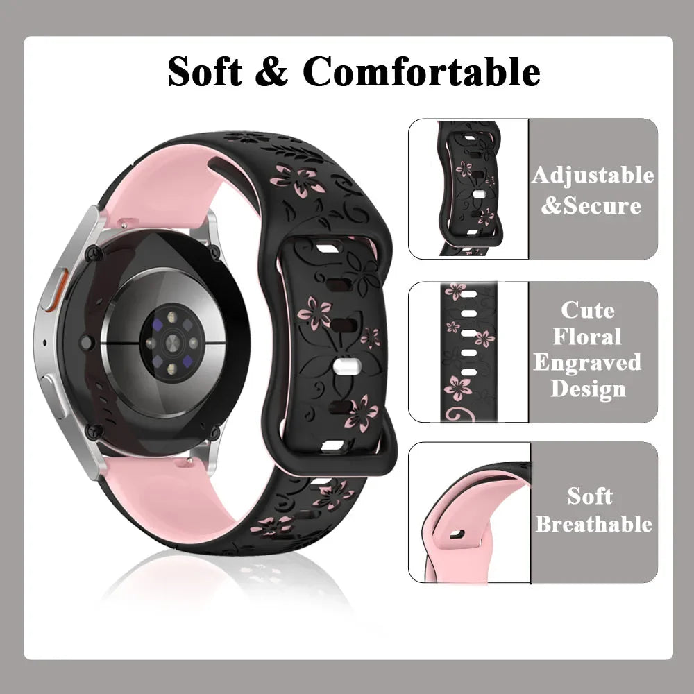 18mm 20mm 22mm Floral Engraved Band for Samsung Galaxy Watch 7 6 5 4 Cute Fancy Silicone Strap For Watch 5 Pro/Active 2 correa
