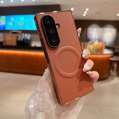 Lichee Pattern Leather Magnetic Case For Samsung Galaxy Z Fold 7 6 5 4 3 5G For Magsafe Phone Protection Hard Cover Shockproof