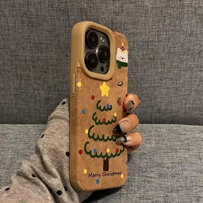 Cute Bear And Star Design Christmas Tree Faux Leather Phone Case For iPhone 16 Pro Max XS XR X 11 13 12 15 14 16 Plus Soft Cover