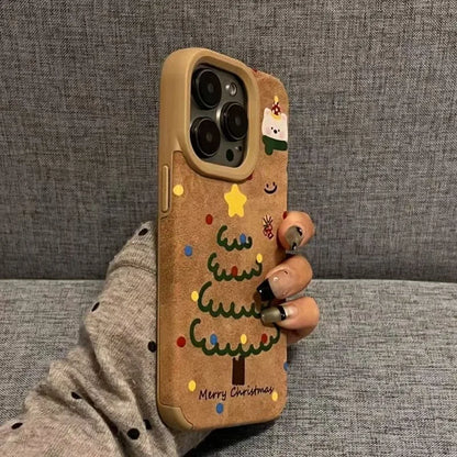 Cute Bear And Star Design Christmas Tree Faux Leather Phone Case For iPhone 16 Pro Max XS XR X 11 13 12 15 14 16 Plus Soft Cover