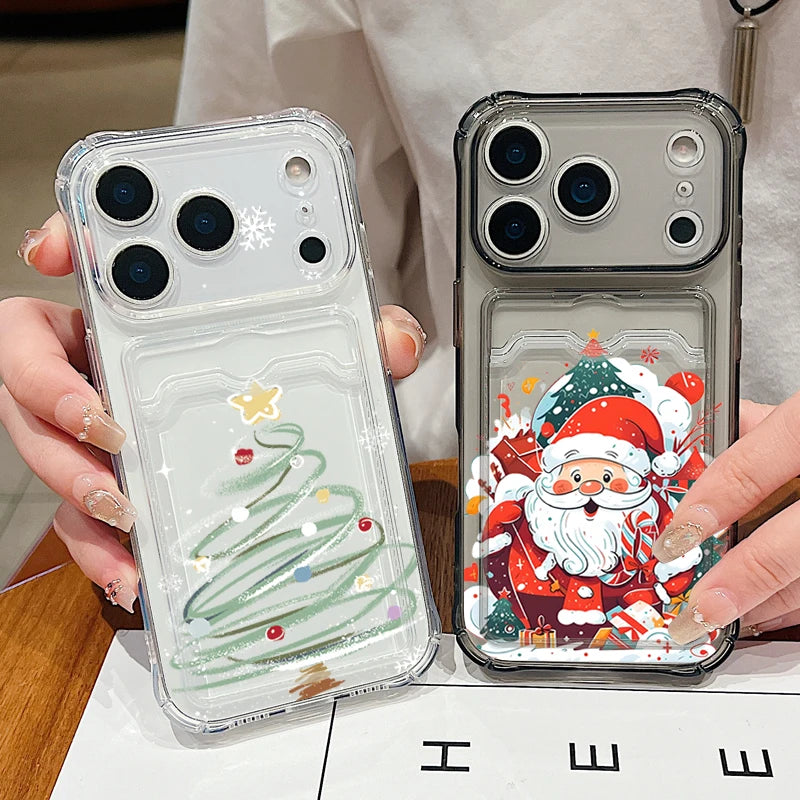 Santa Claus Card Slot Bag Clear Phone Case For iPhone Air 16e 17 16 15 14 13 Pro Max 11 12 17 Christmas Tree Soft Silicone Cover