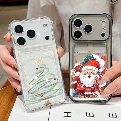Santa Claus Card Slot Bag Clear Phone Case For iPhone Air 16e 17 16 15 14 13 Pro Max 11 12 17 Christmas Tree Soft Silicone Cover