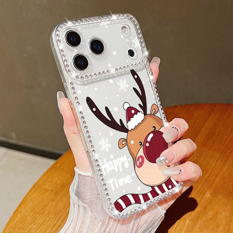 For iPhone 17 Pro Max Case Christmas Elk Santa Claus Diamond Cover For iPhone 13 14 15 12 11 16e 17 Air Funda iPhone 16 Pro Max