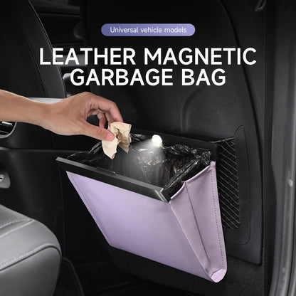 LED Car Garbage Bag Waterproof Magnetic Adsorption Trash Can Back Seat Hanging PU Leather Storage Box Pocket Leak-proof