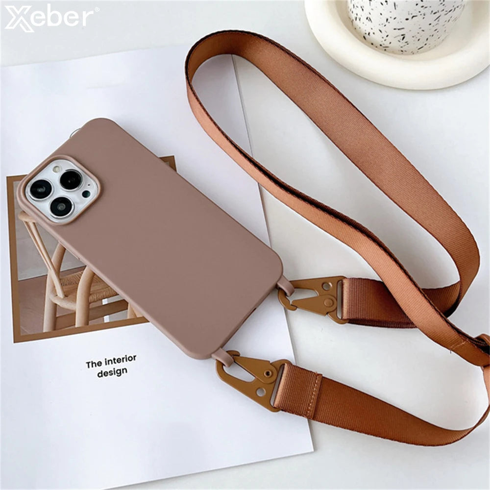 Crossbody Necklace Strap Lanyard Matte Silicone Case For iPhone 17 16 15 14 Pro Max 11 12 13 XR X XS 8 Plus SE Shockproof Cover