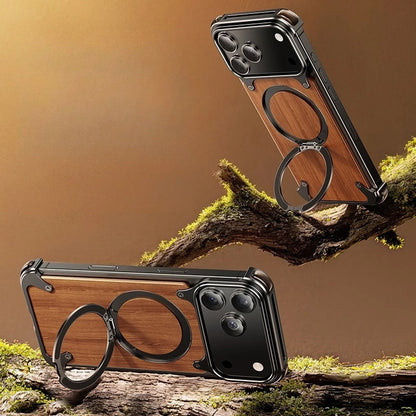Oatsbasf Solid Wooden Phone Case for iPhone 17 Pro/Pro Max/17 Air with 360° Rotating Ring Stand Magnetic Shockproof Protective