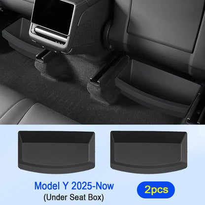 Under Seat Storage Box For Tesla Model Y Juniper 2025 Center Console Organizer Bins Front Backseat Bag Trash Tray Accessories