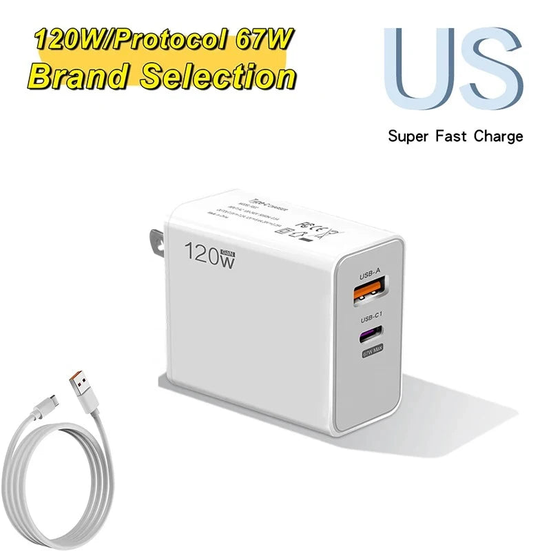 Total 120W USB Charger Type C Fast Charging Wall Charger Adapter EU/US Plug Travel Charger For iPhone 15 Samsung  Xiaomi Huawei
