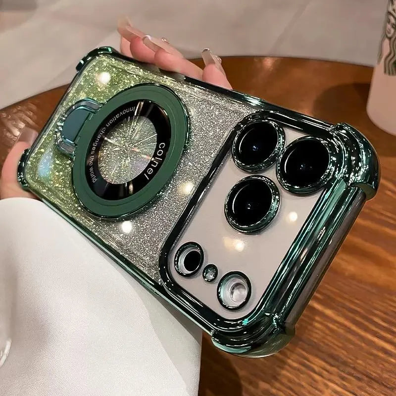 Plating for Magsafe Glitter Bracket Case for iPhone 17 16 15 Pro Max 14 Plus Air 11 12 13 Gradient Stand Airbag Shockproof Cover