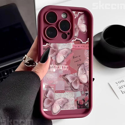 Pink Cute Butterfly Silicone Soft Phone Case For iPhone 16 16E 15 14 13 12 11 Pro Max XS XR X 7 8 Plus Shockproof Candy Cover