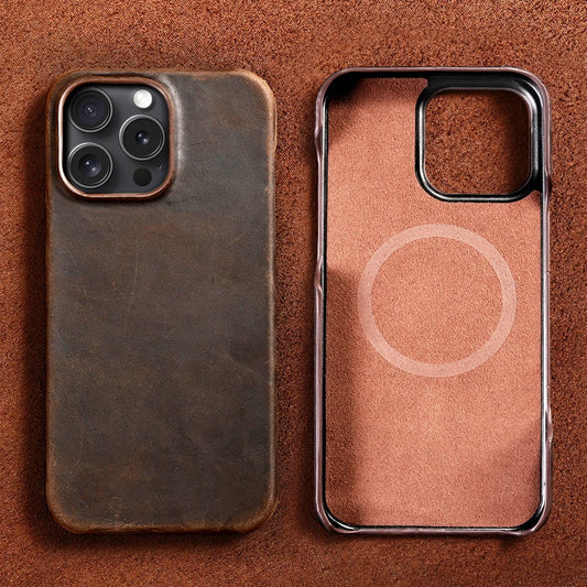 for Magsafe Case for iPhone 17 15 16 Pro Max Air Retro Luxury Full Grain Cowhide Genuine Oiled PULL-UP Leather Magnetic Cover