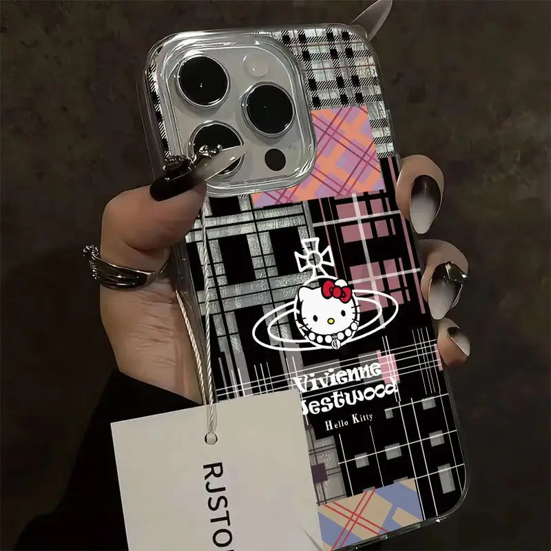 Black Plaid feather gauze Hello Kitty KT Phone Case For iPhone 16 15 14 13 12 11 Pro Max 7 8Plus XR XS MAX MINI Y2K Cute Cover