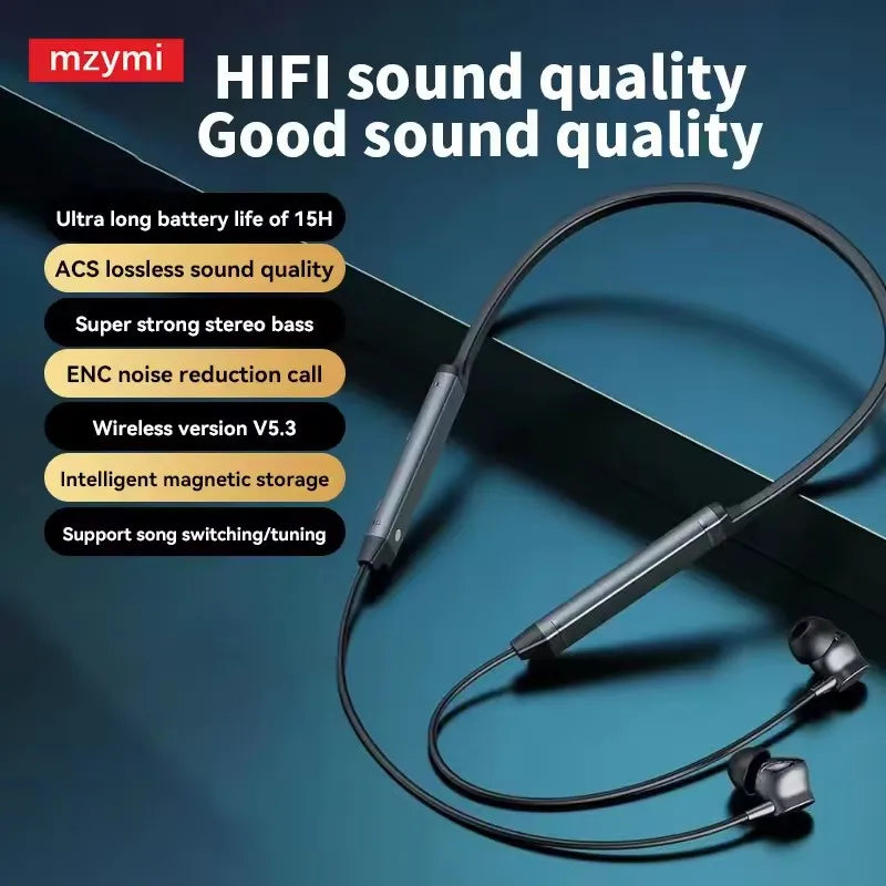 MZYMI BS09 Neckband Earbuds Wireless Bluetooth5.3 Noise Reduction Headphones HiFi Stereo Earphones Waterproof Headset With Mic