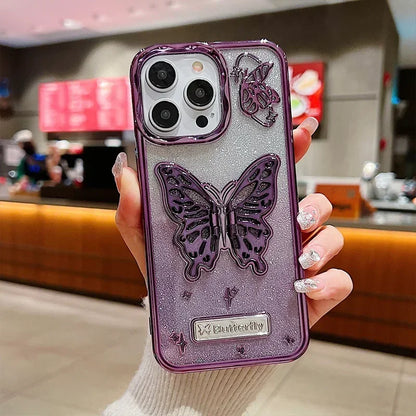 Butterfly Stand Plating Phone Cases For IPhone 16 15 Pro Max 14 13 12 11 Gradient Glitter Protect Shockproof Back Cover