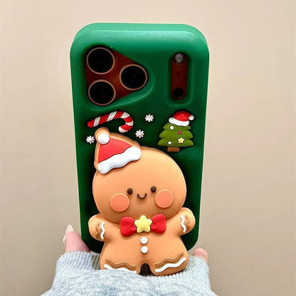 Cartoon Cute Christmas Gingerbread Man Bracket Silicone Phone Case For iPhone 17 Pro Max Air 16 15 14 13 Holder Stand Back Cover