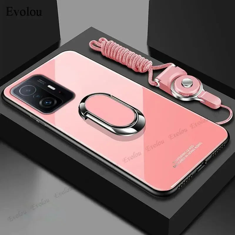 For iphone 17 Air 17 Pro Max Cases Magnet Ring Stand Phone Case For iphone 16E 15Plus 14Pro Max Mirror Tempered Glass Back Cover
