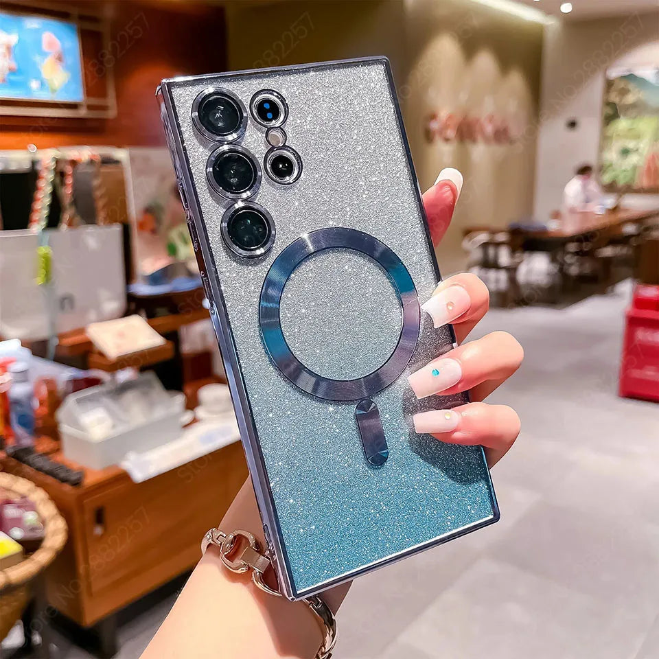 Glitter Luxury Magnetic Woman Case For Magsafe For Samsung Galaxy S24 S23 S22 S25 Ultra Plus Accessories Wireless Charging Cover