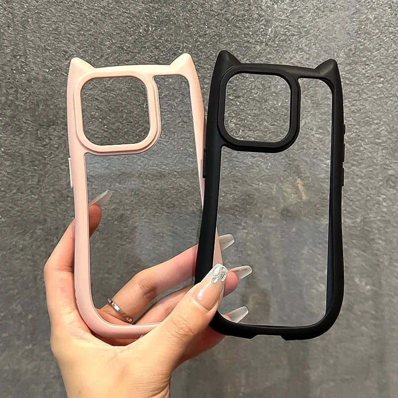 Cute 3D Cat Ear Kawaii Transparent Case For iPhone 16 15 14 13 12 Pro 11 Max Candy Color Shockproof Acrylic Clear Hard Cover