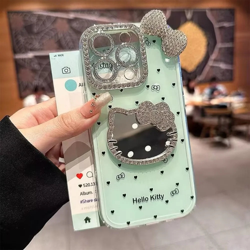 Hellokitty Make up Mirror 3D Bow Case For iPhone 16 Pro Max 15 Cute Glitter Diamond Cover For iPhone 14 Pro 13 12 11 Bling Case