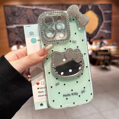 Hellokitty Make up Mirror 3D Bow Case For iPhone 16 Pro Max 15 Cute Glitter Diamond Cover For iPhone 14 Pro 13 12 11 Bling Case