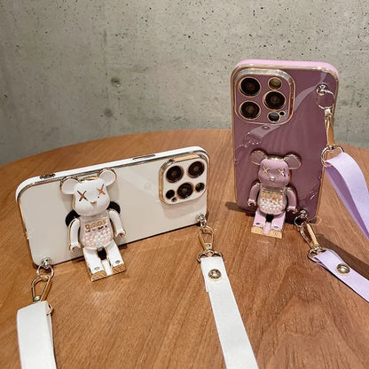 Plating Cover Quicksand Bear Stand Bracelet Strap Lanyard Phone Case For iPhone 15 14 13 12 11 Pro Max 7 8 Plus Phone Case