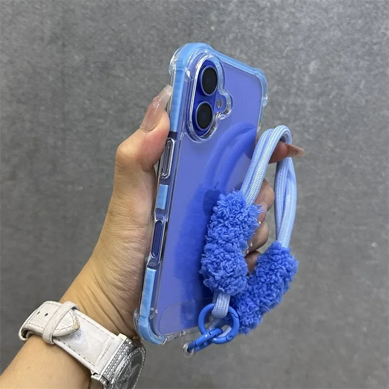 Hybrid Color Transparent Armor Case For iPhone 16 15 14 11 12 13 Pro Max Plus X Xr Xs Plush Wrist Strap Airbag Shockproof Cover