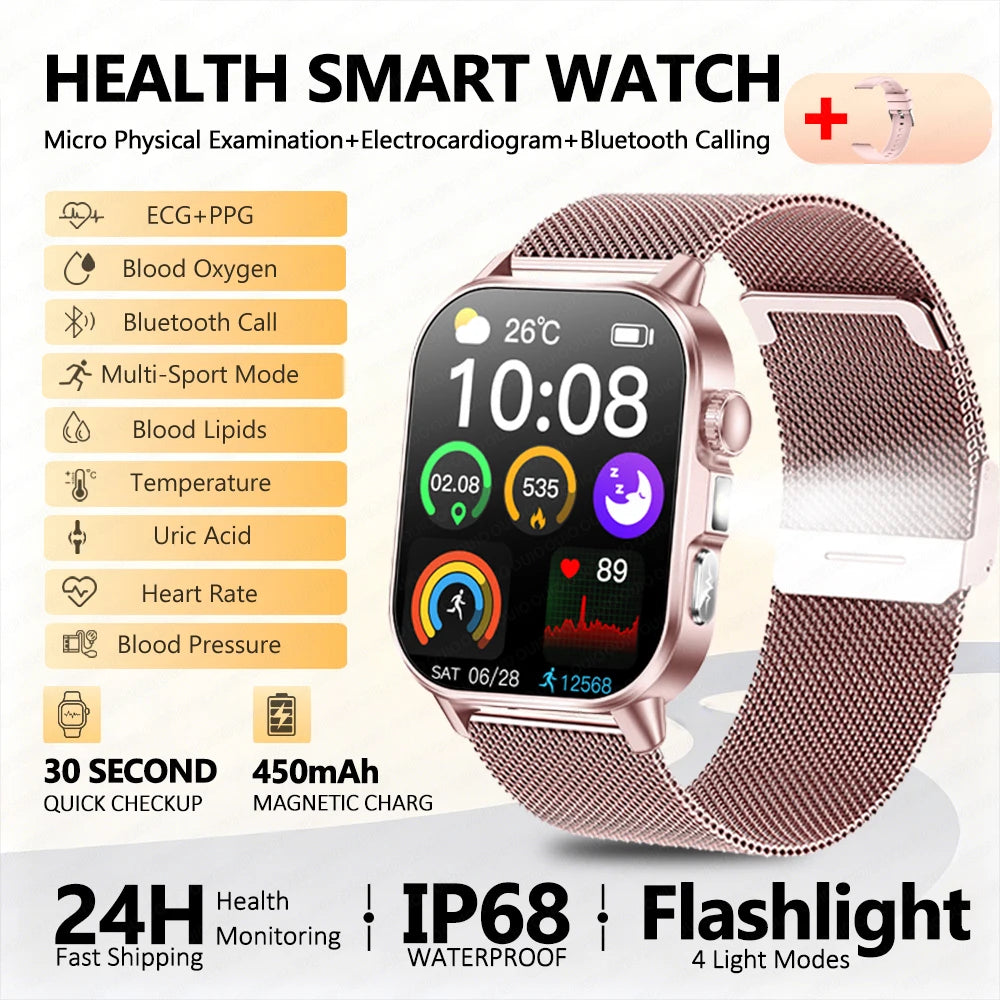 2026 New ECG Smart Watch Blood Pressure Blood Oxygen Uric Acid Monitoring IP68 Waterproof 450mAh Health Smart Watch Men Women