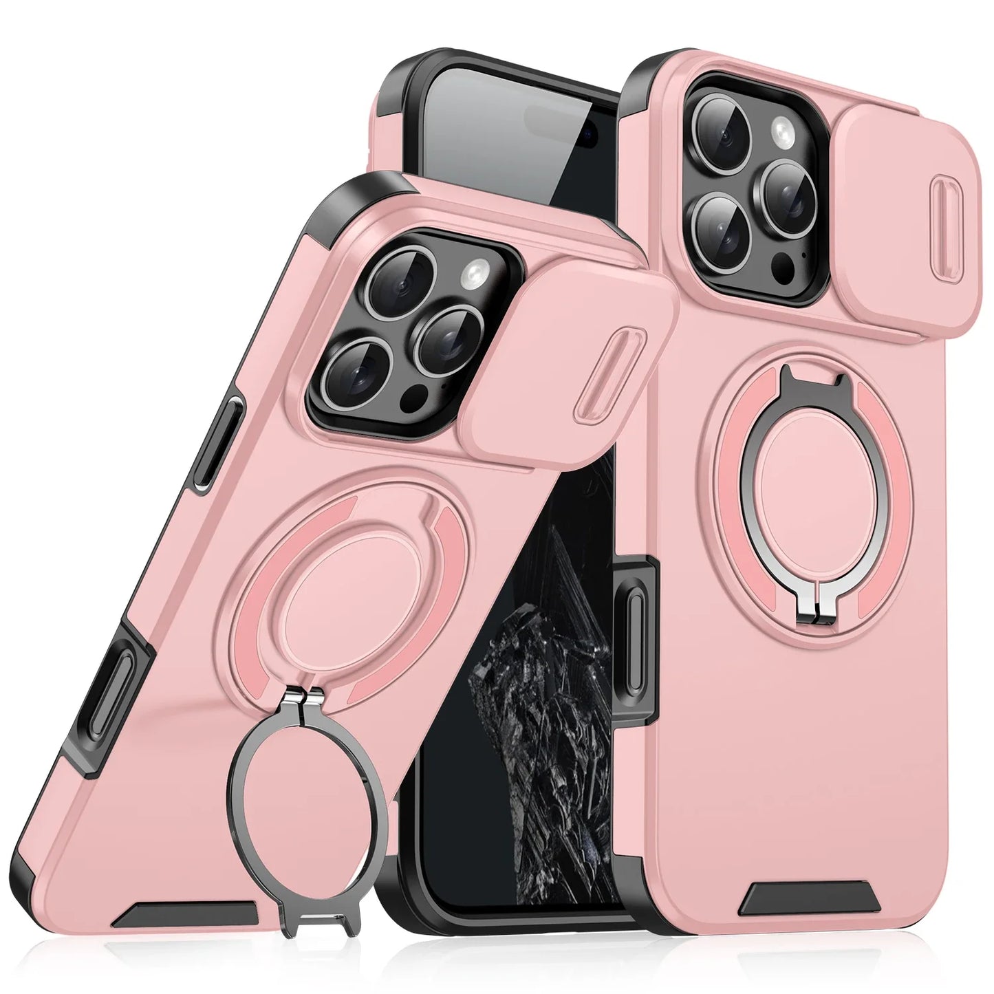 Luxury Heavy-Duty Rugged Armor Magnetic Bracket Case For iPhone 17 16 15 14 13 12 11 Pro Max Slide Camera Protection PC Cover