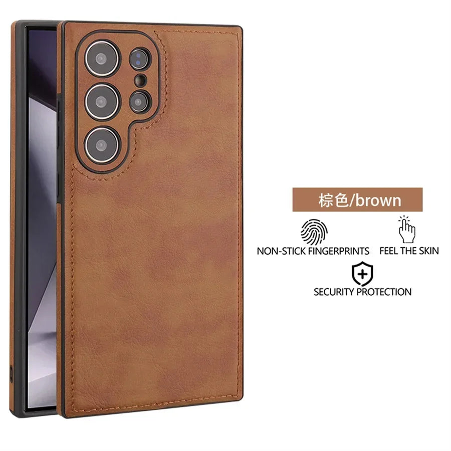 Luxury Vintage PU Leather Case for Samsung S25 Ultra S24 Plus S23 S22 S24Ultra Slim Camera Shockproof Soft Bumper Back Cover