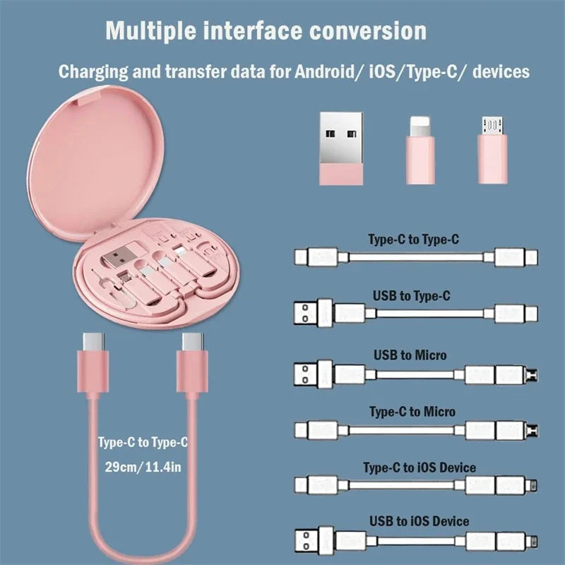 60W Multi Type-C To USB C To Micro USB To Lighting Fast Charging Phone Cable Kit for IPhone 14 13 15 Pro Data Cable Storage Box - covers4phones