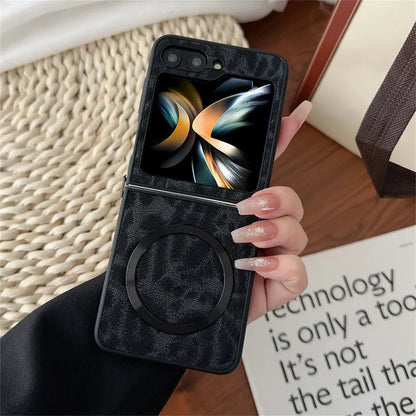 Leopard Print PU Leather Phone Case for Samsung Galaxy Z Flip 7 6 Z Flip 5 4 3 Z Fold 6 5 4 Magnetic Wireless Charging Case