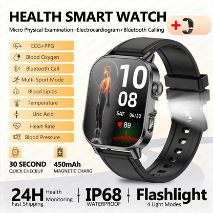2026 New ECG Smart Watch Blood Pressure Blood Oxygen Uric Acid Monitoring IP68 Waterproof 450mAh Health Smart Watch Men Women