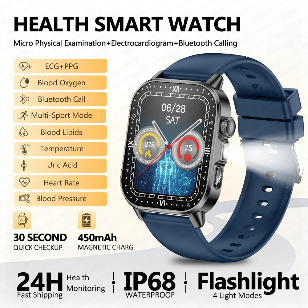 2026 New ECG Smart Watch Blood Pressure Blood Oxygen Uric Acid Monitoring IP68 Waterproof 450mAh Health Smart Watch Men Women