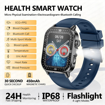 2026 New ECG Smart Watch Blood Pressure Blood Oxygen Uric Acid Monitoring IP68 Waterproof 450mAh Health Smart Watch Men Women