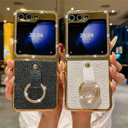 Leather Plating  Ring Phone Case For Samsung Galaxy Z Flip 7 6 Flip 5 Zflip 4 3 Bling Diamond Shockproof Cover Funda