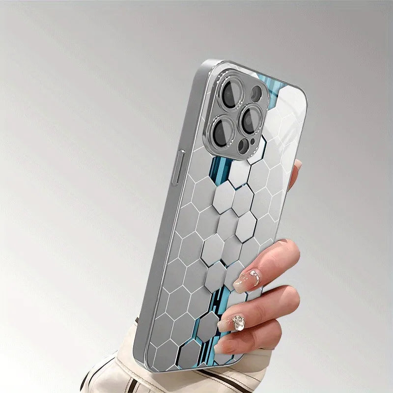 Silver Gradient Honeycomb Pattern Glass Electroplated Phone Case For iPhone 17 16 15 Pro Max 14 Plus 13 12 11 16E 17 Air Cover