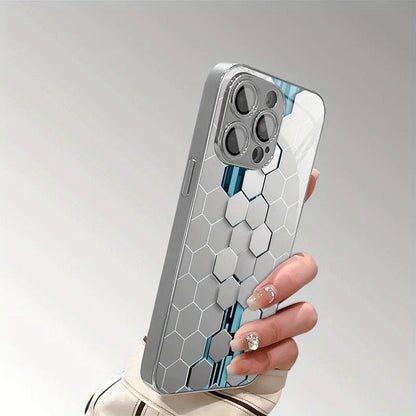 Silver Gradient Honeycomb Pattern Glass Electroplated Phone Case For iPhone 17 16 15 Pro Max 14 Plus 13 12 11 16E 17 Air Cover