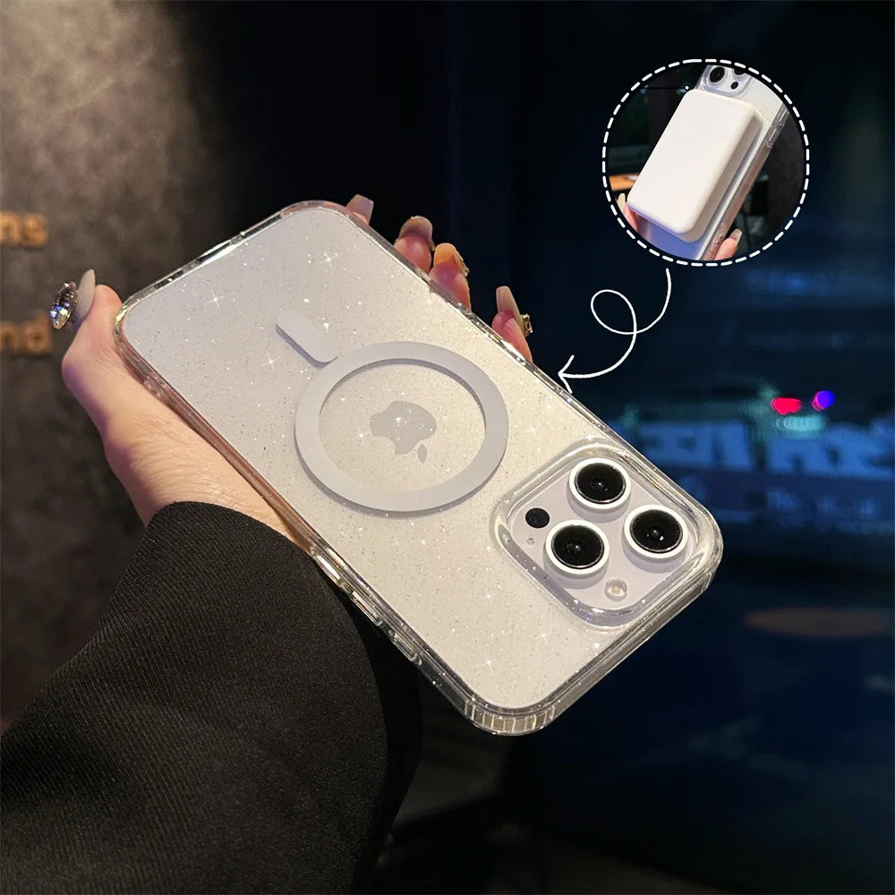 Magnetic Case for iPhone 16 16E 15 14 13 12 Pro Max Plus Cover Shimmering Starry Clear Shockproof Mag-safe Shell Phone Fundas
