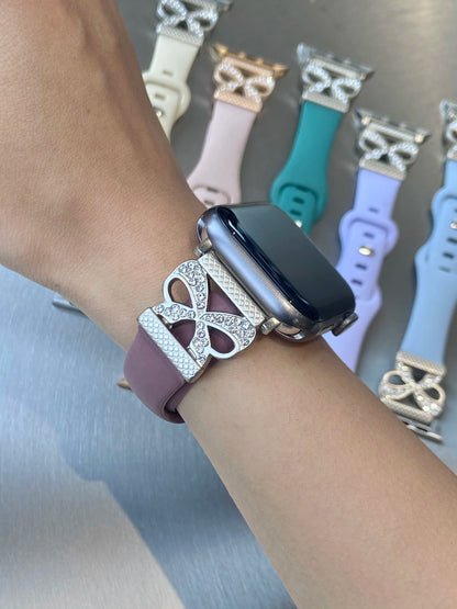 Luxury Diamond Bowknot Silicone Strap For Apple Watch S10 9 8 7 6 SE 5 4 3 46/45/44/42/41/40/38mm IWatch Ultra 2 49mm