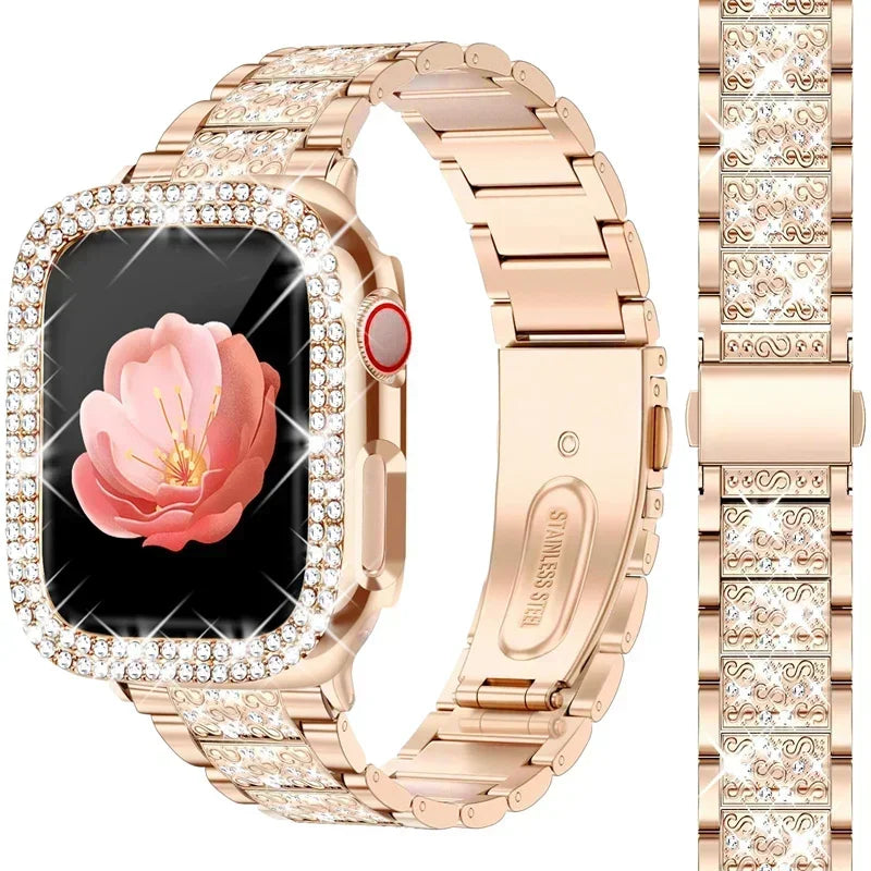 NEW Diamond case+Strap For Apple Watch Band 41mm 38mm 42mm  45mm 40mm 44mm Metal Belt IWatch Series 9 8 7 SE 6 5 Women Bracelet