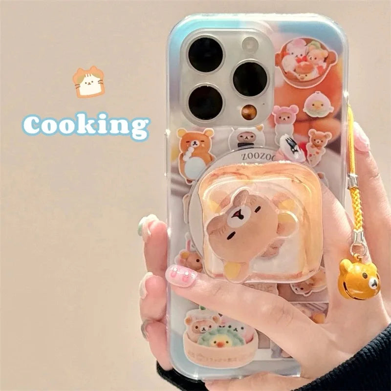 Funny Toast Dessert Bear Small Bell Magsafe Wireless Charge Case For iPhone 13 14 15 16 Pro Max Toast Rotate Bear Magnetic Stand