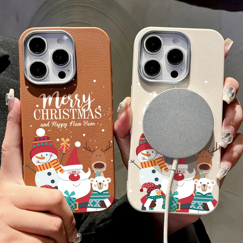 Merry Christmas Magnetic Leather Case For iPhone 16 15 Pro Max 14 Plus 13 12 11 Pro For MagSafe Wireless Charging Soft TPU Cover