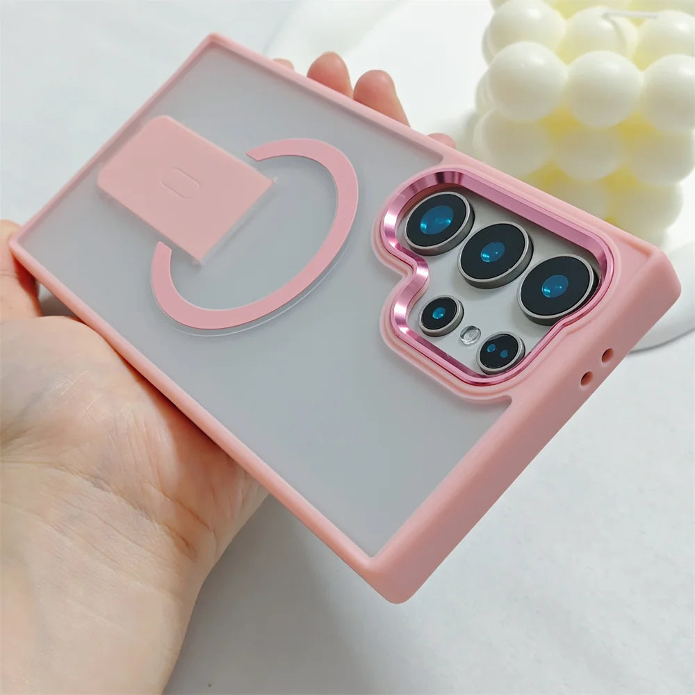 Luxury Fold For Magsafe Magnetic Stand Phone Case For Samsung S25 Edge Plus S23 S24 Ultra Plating Lens Frame Matte Frosted Cover