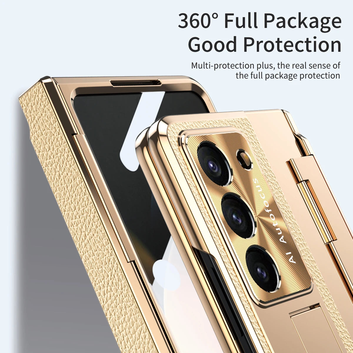 Plating Leather Stand Flat Hinge Protective Case For Samsung Galaxy Z Fold 6 5 4 3 With Front Glass Film Fold5 Protection Cover