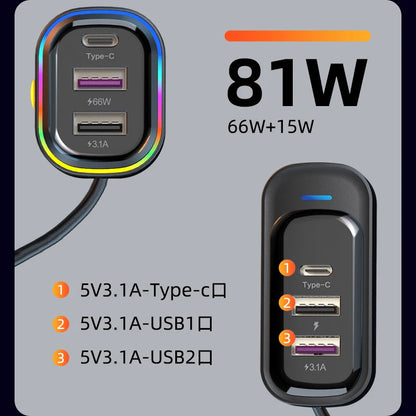 81W Car Charger Adapter 6 in 1 Back Row with Clips Fast Charging Type C Slot Universal 81w 12v-24v Super Fast Car Charging