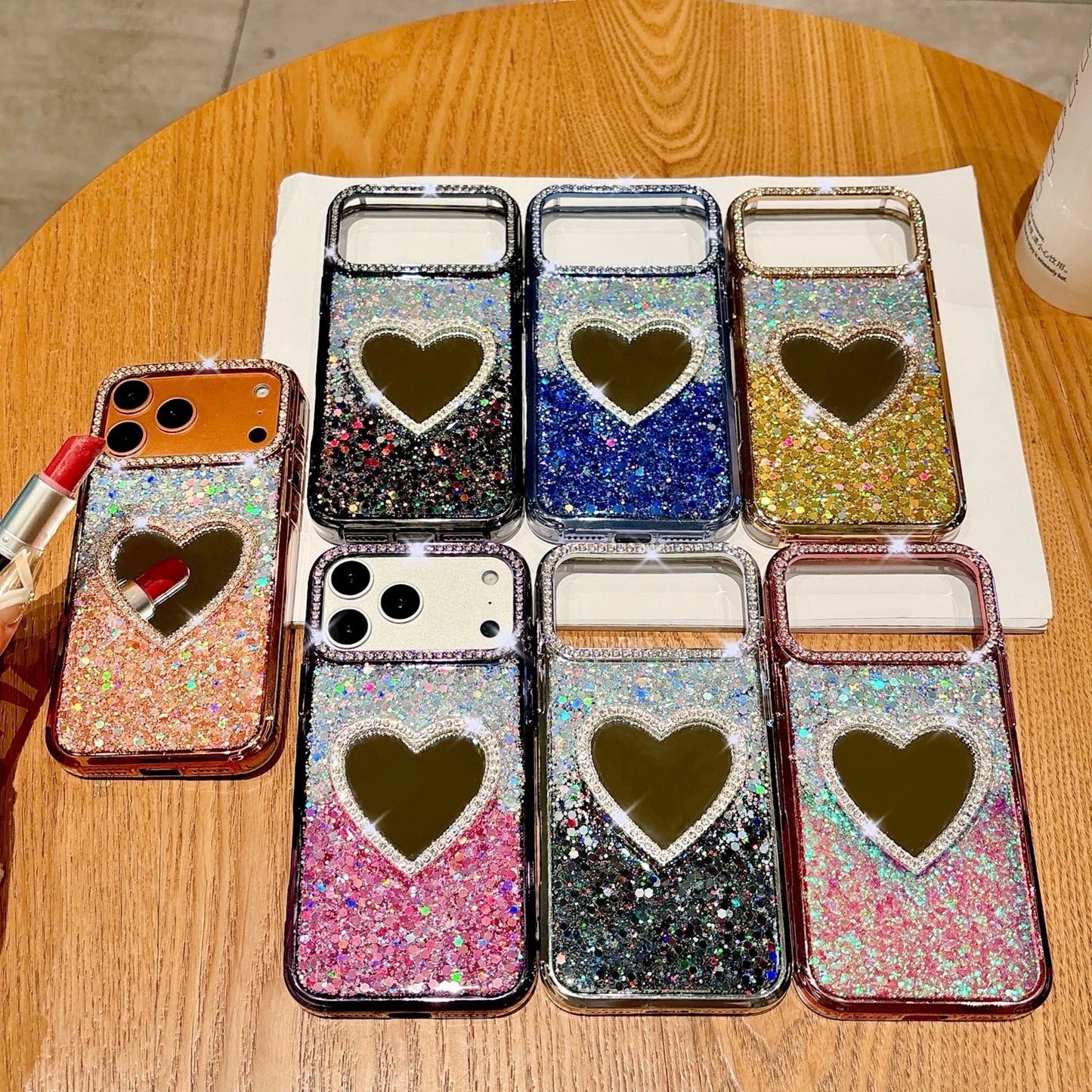 Luxury Diamond Love Heart Mirror Phone Case for iPhone 17 Air 16 15 14 13 Pro Max 17Pro Girls Gradient Shiny Plating Soft Cover
